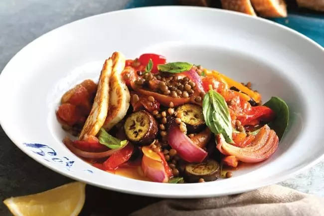 Taste Recipes Malta - Sweet eggplant and lentil salad with haloumi